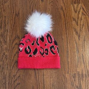 BCBG Red Leopard Print Beanie with White Pom